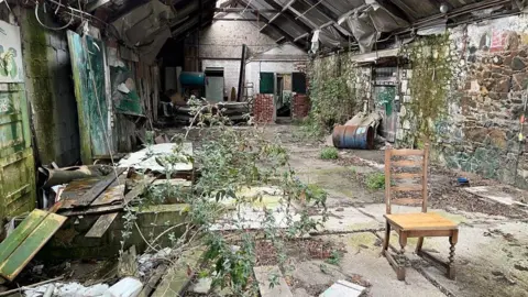BBC A derelict industrial building with plants growing in it, barrels, bits of wood and other material strewn over the floor and holes in the roof.