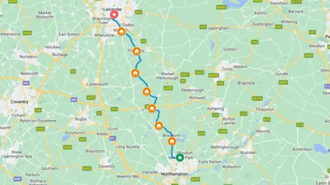 Google Google map showing the area between Northampton and Leicester that Kevin Sinfield will run on Friday.