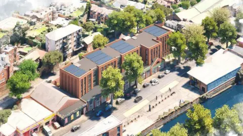 Franklin Ellis Architects Artist's impression of the new student accommodation block next to a tree-lined street and a river.