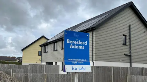two semi-detached modern homes with solar panels on the roof. There is wooden cladding on the top of the buildings. A blue for sale sign can be seen outside the front of the properties.