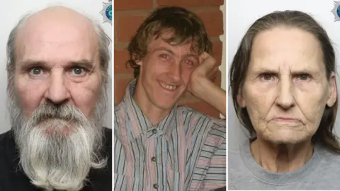 A composite image showing a man smiling in the centre of a mugshot of a man and a woman