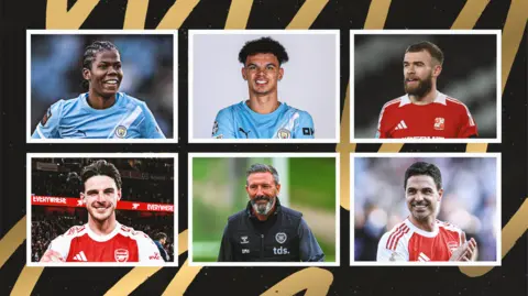 A composition image featuring Khadija 'Bunny' Shaw, Nico O'Reilly, Aaron Drinan, Declan Rice, Derek McInnes, and Mikel Arteta