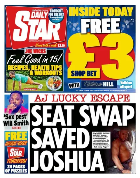 The headline on the front page of the Daily Star reads: "Seat swap saved Joshua". 