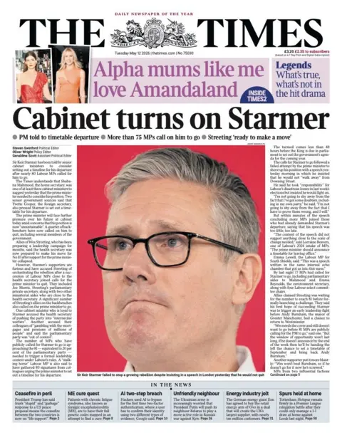 The headline on the front page of the Times reads: “Cabinet turns on Starmer”.