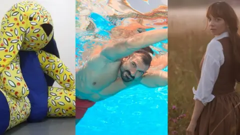 Montage: Giant toy bunny/ a man swimming underwater/ women in period clothing