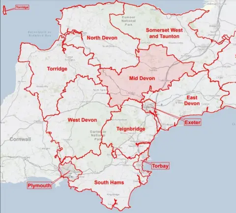 Mid Devon District Council A map shows the district councils and the unitary authorities in Devon