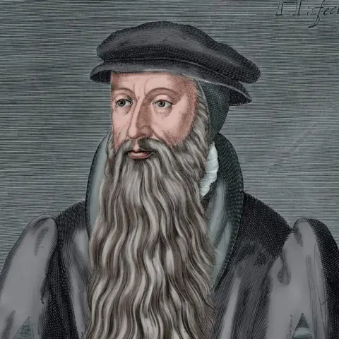 Getty Images Illustrated historical portrait of a person wearing a dark flat cap and layered robe with broad shoulders, shown from the chest up. The person has a long, wavy beard extending down the front of the garment.