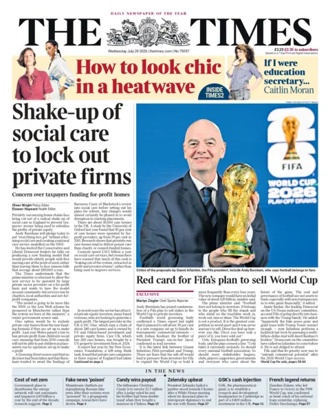 "Shake-up of social care to lock out private firms," reads the headline on the front page of the Times.