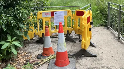 A photo showing two orange and white cones and a yellow barrier blocking the entrance to The Valley playing field in Chalford. They are surrounded by a grey metal fence and long green grass