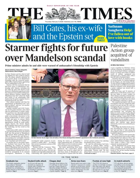 "Starmer fights for future over Mandelson scandal," reads the headline on the front page of the Times.