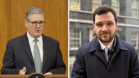 Sir Keir Starmer making a speech on the left of the screen. Henry Zeffman, stood on Downing Street, on the right of the screen.