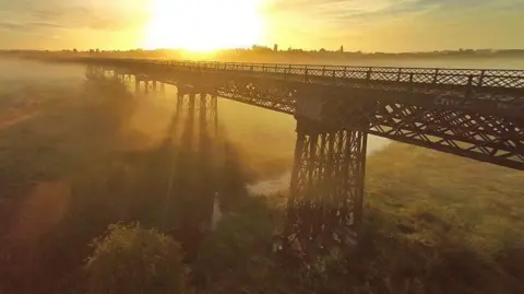 BBC Bennerley Viaduct viewed during a misty morning sunrise