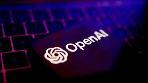 Reuters The white OpenAI logo is set against a dark keyboard