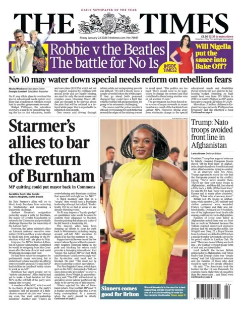 The headline on the front page of the Times reads: "Starmer's allies to bar the return of Burnham."