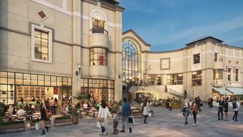 A CGI mock up of the outside of the proposed plans for Queens Arcade. It is a stone building, with many restaurants out front with outdoor seating, and people with shopping bags walking by.