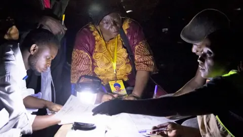 Getty Images Electoral workers count votes by torchlight overseen by a female official from a political party