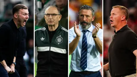 Motherwell's Alfred Johansson, Celtic's Martin O'Neill, Rangers' Derek McInnes and Hearts' Wouter Vrancken