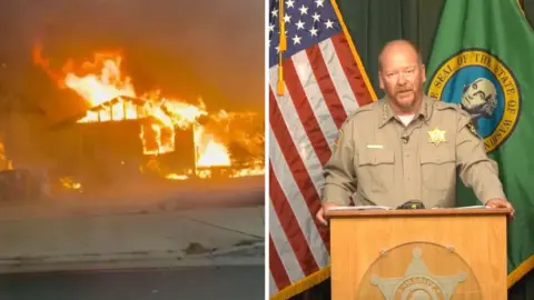 A splitscreen of a house on fire on the left and the sheriff of Spokane on the right delivering a statement.