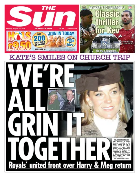 The headline on the front page of the Sun reads: “We're all grin it together”.
