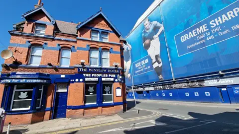 The Winslow Hotel is a red brick building with blue paintwork and is shown opposite a large banner on the side of the Everton's Goodison Park stadium.
