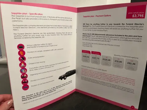 An open Safe Hands pamphlet explaining the costs of funeral plan cover.