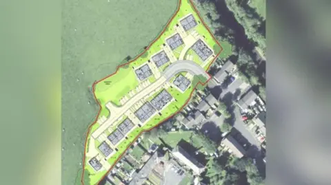 BBC An aerial map shows the houses would be built on the edge of an existing estate, next to a field.