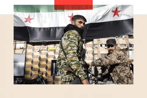 Reuters Two soldiers pose for the camera with the Syrian flag in the background