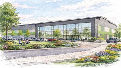 Maximus Group A CG image of a multi-storey industrial unit, with glazed frontage and grey, cream and green bricks. Cars are parked outside it and people sit on picnic tables in landscaped gardens, with trees and bushes.