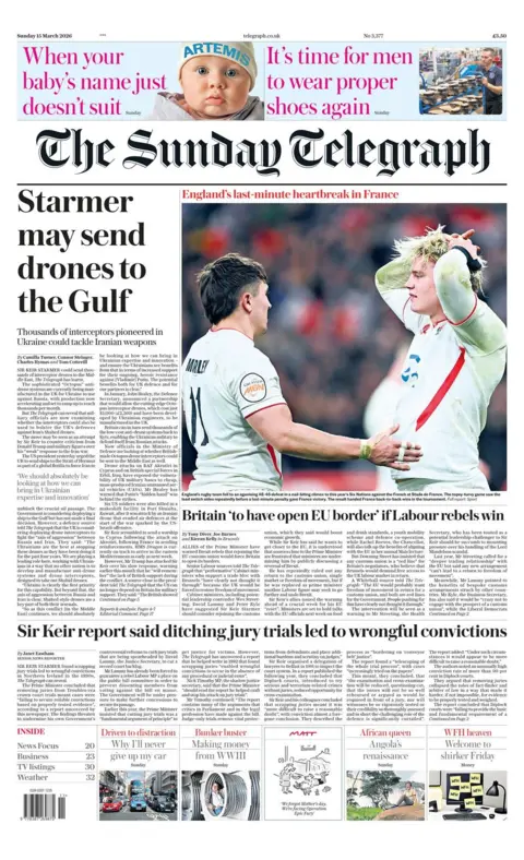 The headline on the front page of the Sunday Telegraph reads: "Starmer may send drones to the Gulf."