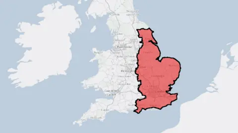 DEFRA A map of England showing the exclusion zone in red extending eastwards from the Isle of Wight in the South to North Yorkshire