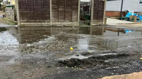 James Grant/BBC A pool of partially frozen water on a road at the site. It is full of dirt and rubble. A small yellow rubber duck is floating on the water.