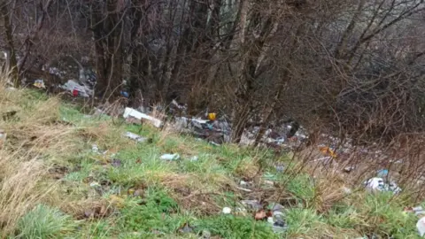 Laura Brennan An area of woodland which is strewn with litter, there are empty bottles and packets in amongst grass and dead shrubs. 