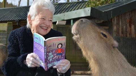 Dame Jacqueline Wilson reads to a capybara at Drusillas