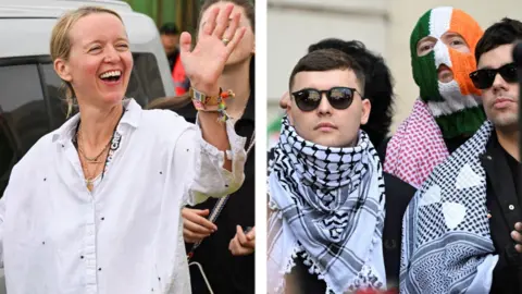 Splitscreen of Eavis waving and Kneecap members outside court