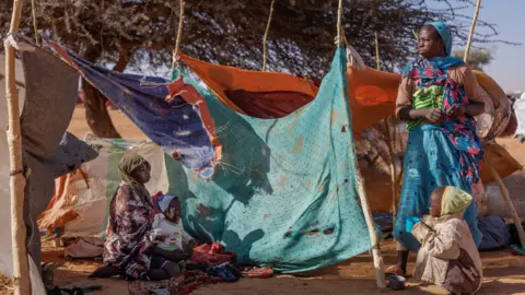 Getty Images Two women and two children - originally from el-Fasher - near pieces of cloth tied to sticks that provide temporary shelter in Chad.