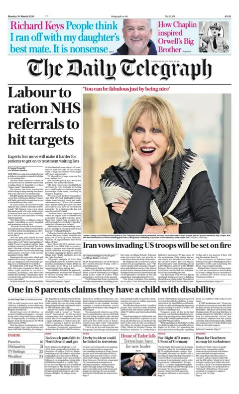 The headline on the front page of the Daily Telegraph reads: "Labour to ration NHS referrals to hit targets."