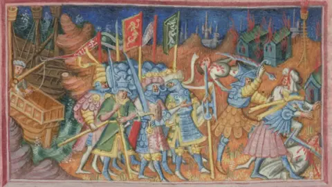 A picture taken from a manuscript created in the first half of the 15th Century. the scene depicts Ivan and his brother Ubba killing Christians in the North of England. Their army follows behind having arrived on ships. A village burns behind them.