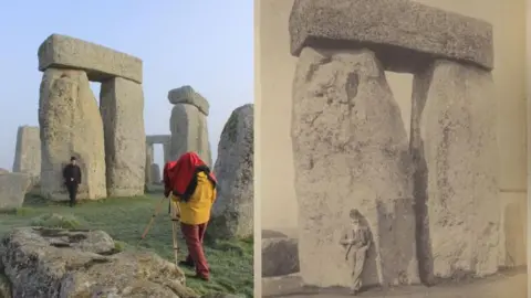 Two images - one is a man using a traditional camera to take a photo of a man in a bowler hat standing against a Stonehenge rock and the other is the original black and white photograph