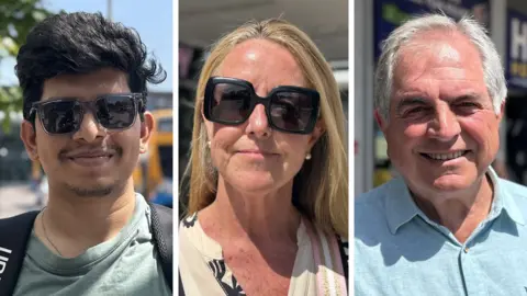 A composite picture showing the heads and shoulders of three individuals - two men with a woman in the centre. The woman and man on the left are wearing sunglasses. 