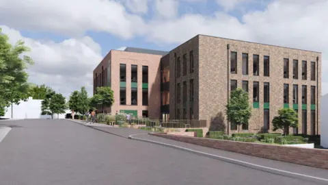 An image showing what the Innovation Centre might look like, showing a brick building of several storeys next to a road.