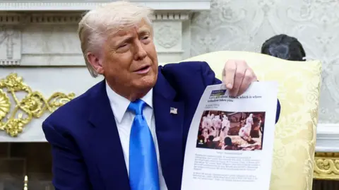 Donald Trump shows a copy of an article that he said was about white South Africans who had been killed, in the Oval Office of the White House in Washington