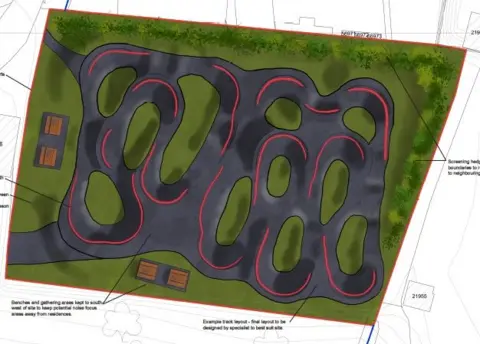 Guernsey Velo Club Animated image of pump track plans and blue prints, show several ramps on a green patch of land.