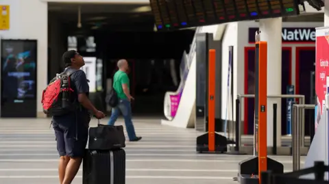 PA Media A passenger looks at message boards at Birmingham New Street Station,