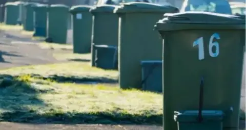 A line of green recycling bins alongside a road edge in the sun