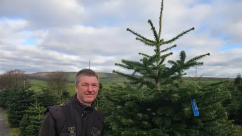 Man standing in Christmas tree farm next to large Christmas tree with trees behind him