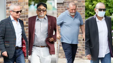 Athena Picture Agency A composite image of four men outside court. The man on the far right wears a face mask, dark blazer and white shirt; the two on the left wear jackets and shirts; the remaining defendant wears a blue polo shirt. 