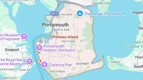 A map of Portsea Island which is outlined in red, designating the dispersal order zone.