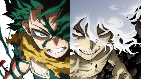 Crunchyroll The picture is split down the middle, on the left is a cartoon character with dark green spikey hair and green eyes On the right the character has white hair and red eyes.