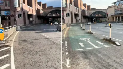A composite picture showing a stretch of road in Inverness city centre with and without a cycle lane