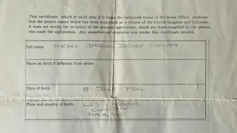 Family handout A copy of Michael Cunsamy's original naturalisation certificate